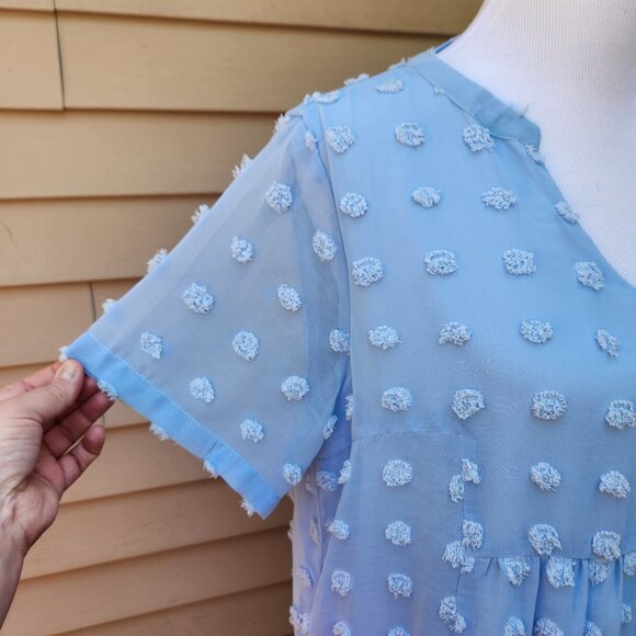 Miholl Blue Loose Flowy Short Dress Textured Dots V-Neck Pockets Short Sleeves - Picture 6 of 15